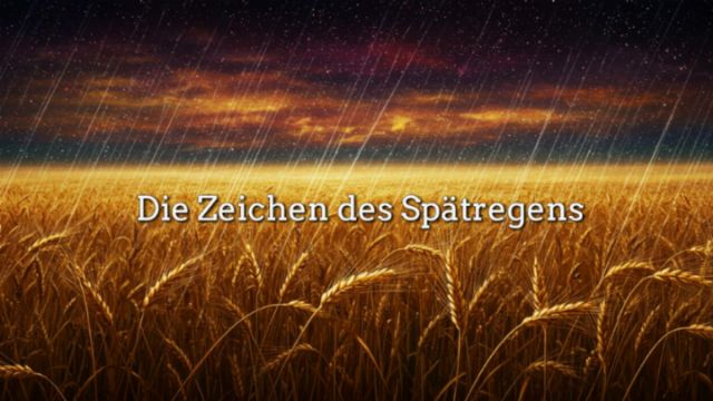 Ein goldenes Weizenfeld unter einem dramatischen Himmel mit fallendem Regen. Der Hintergrund zeigt einen reichen Farbverlauf von Orange zu Blau und vermittelt so den Eindruck wechselnden Wetters. Der Schriftzug „Die Zeichen des Spätregens“ prangt prominent in der Mitte.