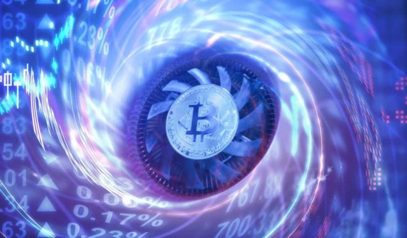 A digital illustration depicting a Bitcoin symbol centered within a dynamic, blue-toned vortex surrounded by swirling numerical data and geometric shapes. The scene invokes a sense of rapid motion and digital connectivity, symbolizing technological advancement and financial data flow.