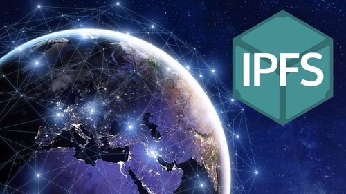 A digitally enhanced image showing Earth from space with a visible network of connections overlaying the continents, illustrating global connectivity. The logo for IPFS, a cube with the letters 'IPFS', is prominently displayed in the foreground.