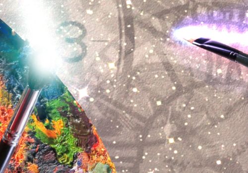 An artistic representation featuring a paintbrush touching a colorful palette on the left, releasing a burst of bright light, similar to a star shining in the cosmos. On the right, a pen casts another stream of luminescence, reminding of a comet in space. Both are set against a backdrop with faint celestial symbols linked to the Mazzaroth.