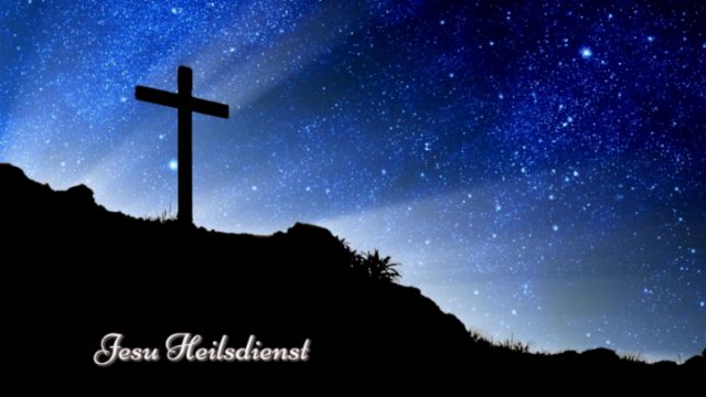 Silhouette eines Kreuzes auf einem Hügel vor einem nächtlichen Himmel, der mit vielen funkelnden Sternen übersät ist. Der Text “Jesu Heilsdienst” ist in geschwungener Schrift am unteren Rand des Bildes platziert.