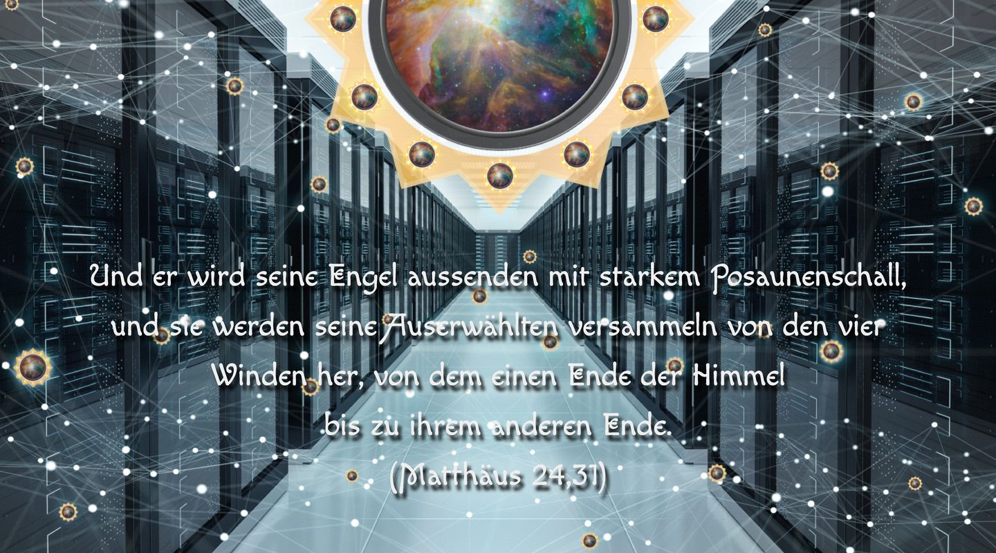 Digitale Darstellung eines Datenzentrums mit futuristischen Serverracks, in deren Mitte ein rundes, leuchtendes kosmisches Fenster platziert ist. Mehrere Verschmelzungen ähnlicher Bilder wiederholen sich symmetrisch im Vordergrund. Ein Bibelvers aus Matthäus 24,31 ist über das Bild in weißer Schrift geschrieben.