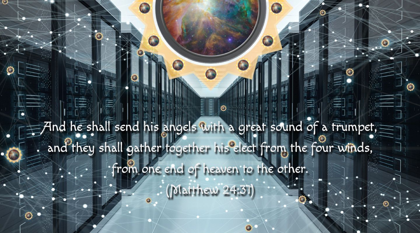 A digital artwork depicting a nebula as seen through a circular frame at the center of a futuristic corridor lined with high-tech servers. Celestial bodies and connections between stars symbolize networking, whilst a biblical verse from Matthew 24:31 overlays the scene, suggesting themes of cosmic unity and prophecy.