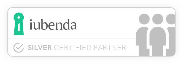 A banner featuring the logo "iubenda" on the left with a green key icon, alongside text that reads "SILVER CERTIFIED PARTNER". The right side displays three stylized, gray human figures.