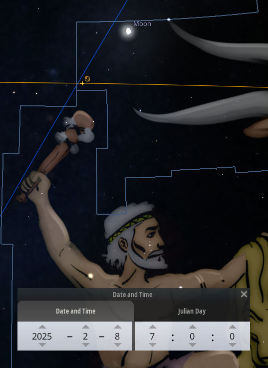 An astronomical software displays the celestial arrangement on February 8, 2025. The image shows constellations outlined, with one prominent depiction of a man holding a club, set against a space background abundant with stars. The Moon appears in the upper center with a nearby label. A dialog box at the bottom indicates the date and Julian Day while guiding lines and measurements overlay the celestial figures.