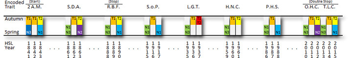 A detailed chart displaying various encoded traits across two seasons, Autumn and Spring, represented through different colored bars under multiple categories such as Z.A.M., S.D.A., S.o.P., etc., with numerical values beneath each bar in a structured format.