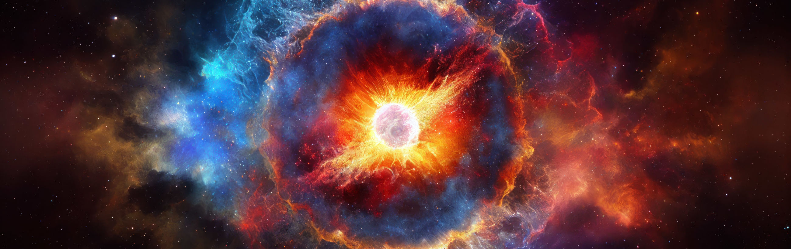 Eine lebendige kosmische Szene, die einen Nebel mit strahlenden Rot-, Blau- und Orangetönen zeigt, der zwischen Sternen verflochten ist und die gewaltige und vielfältige Pracht des Universums zur Schau stellt.
