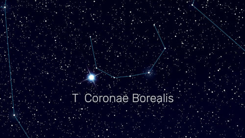 A depiction of the night sky filled with stars and a highlighted constellation. The brightest star is labeled "T Coronae Borealis."