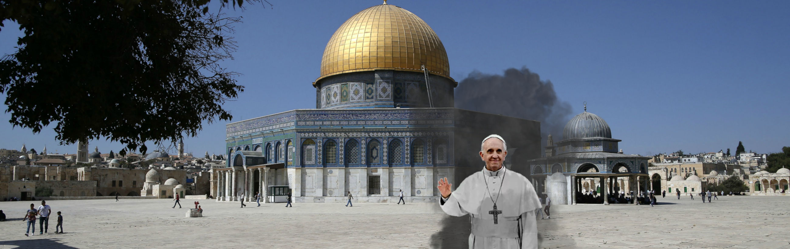 Panoramic view of a historic site featuring a large dome with golden and blue ornamentation. In the foreground, a figure dressed in white with a cross pendant gestures warmly. Dense smoke billows from behind a structure amidst clear skies. People roam the open stone courtyard surrounded by trees and urban skyline.