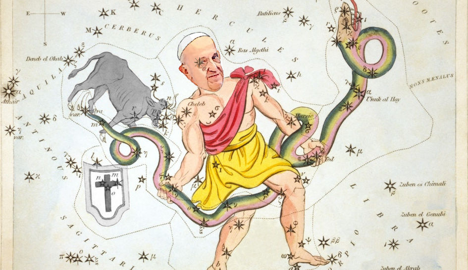 Illustration of a man wearing a classical robe and a modern head covering, riding a stylized, serpentine creature with stars and mythical representations on an ancient map. The map includes other figures like a canine and a coat of arms, all set against a celestial background overlaid with constellation-like symbols.