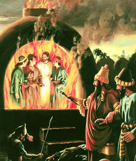 A vivid historical biblical scene depicting a fiery furnace with four figures unharmed inside, as a group of diverse ancient officials in traditional attire observe in amazement. The blazing colors evoke a sense of divine intervention rather than celestial constellations.