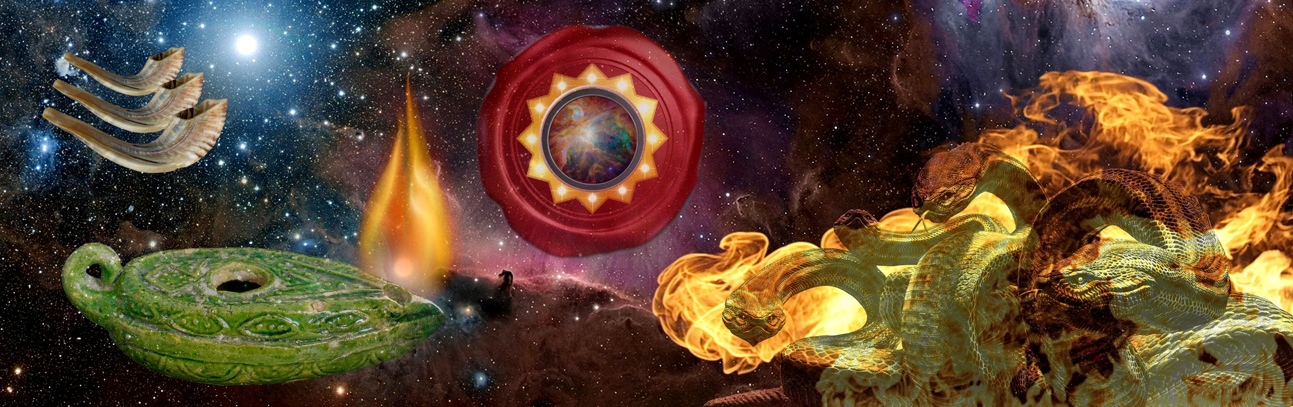 A vibrant digital collage set against a backdrop of the cosmos, featuring various symbolic elements. From left to right: Two horn-like shells emerging from a carved green stone vessel under a star-studded sky, a mystical flame beside a large, ornate medallion with a dynamic celestial core, and a duo of intertwined serpentine creatures encircled by flames, set against a nebula.