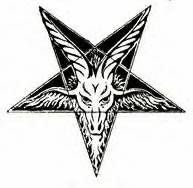 A black and white illustration featuring a pentagram with an intricate depiction of a goat's head centered within it, surrounded by symmetrical wings extending from the points of the star.