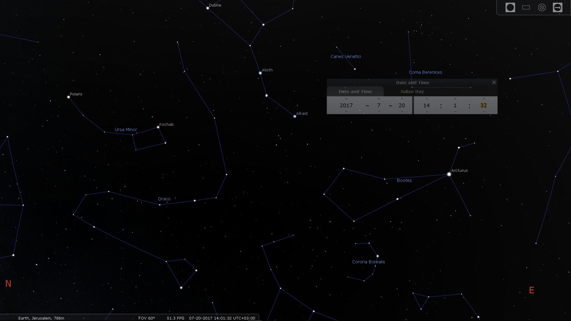 A digital star map displaying various constellations over Earth from Jerusalem, with stars connected by lines to denote their geometric shapes. Notable names include Ursa Minor, Draco, and Bootes, viewed under night sky conditions. The image interface also shows a date and time setting of July 20, 2017.