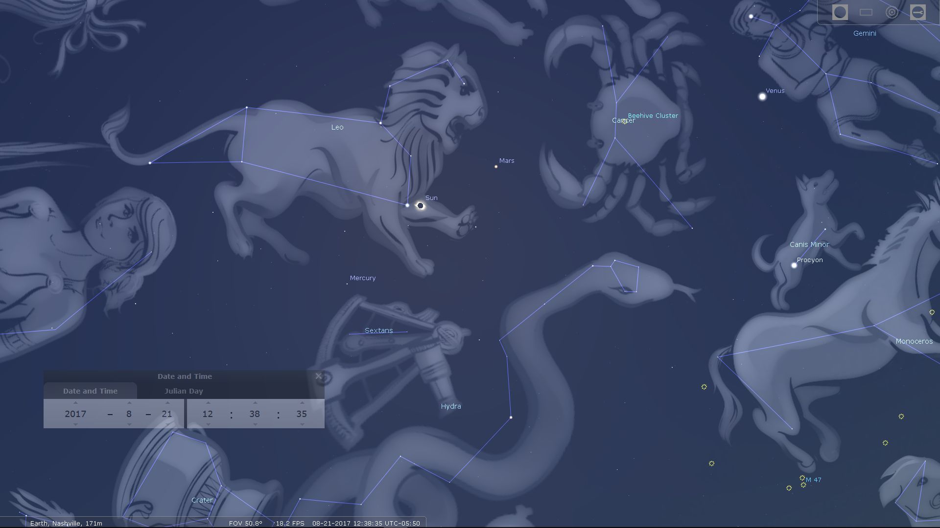 A celestial map illustrating various constellations and celestial bodies in a blue-toned star map with highlighted formations and labels like Leo, Gemini, and the Mazzaroth indicating various astronomical clusters and elements. Prominent features include the Sun and planets such as Mercury and Venus.