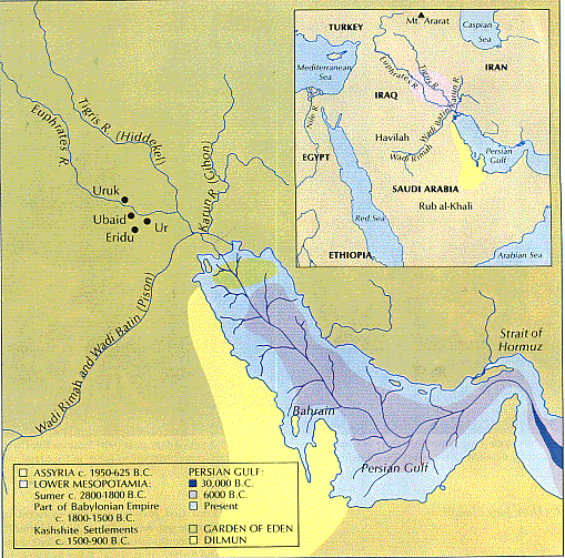 Historical map illustrating ancient regions and civilizations in the Middle East around the Persian Gulf area, showing places such as Assyria, Lower Mesopotamia, and areas of significance like the Garden of Eden and Dilmun. Key geographical features and boundaries are marked, including rivers like the Tigris and Euphrates and mountains such as Mt. Ararat.