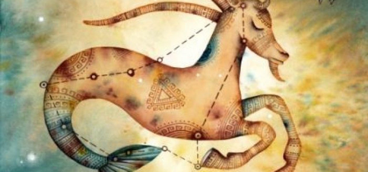 Artistic depiction of a celestial constellation resembling a caprine animal, adorned with intricate patterns and symbols against a starry nebula background.