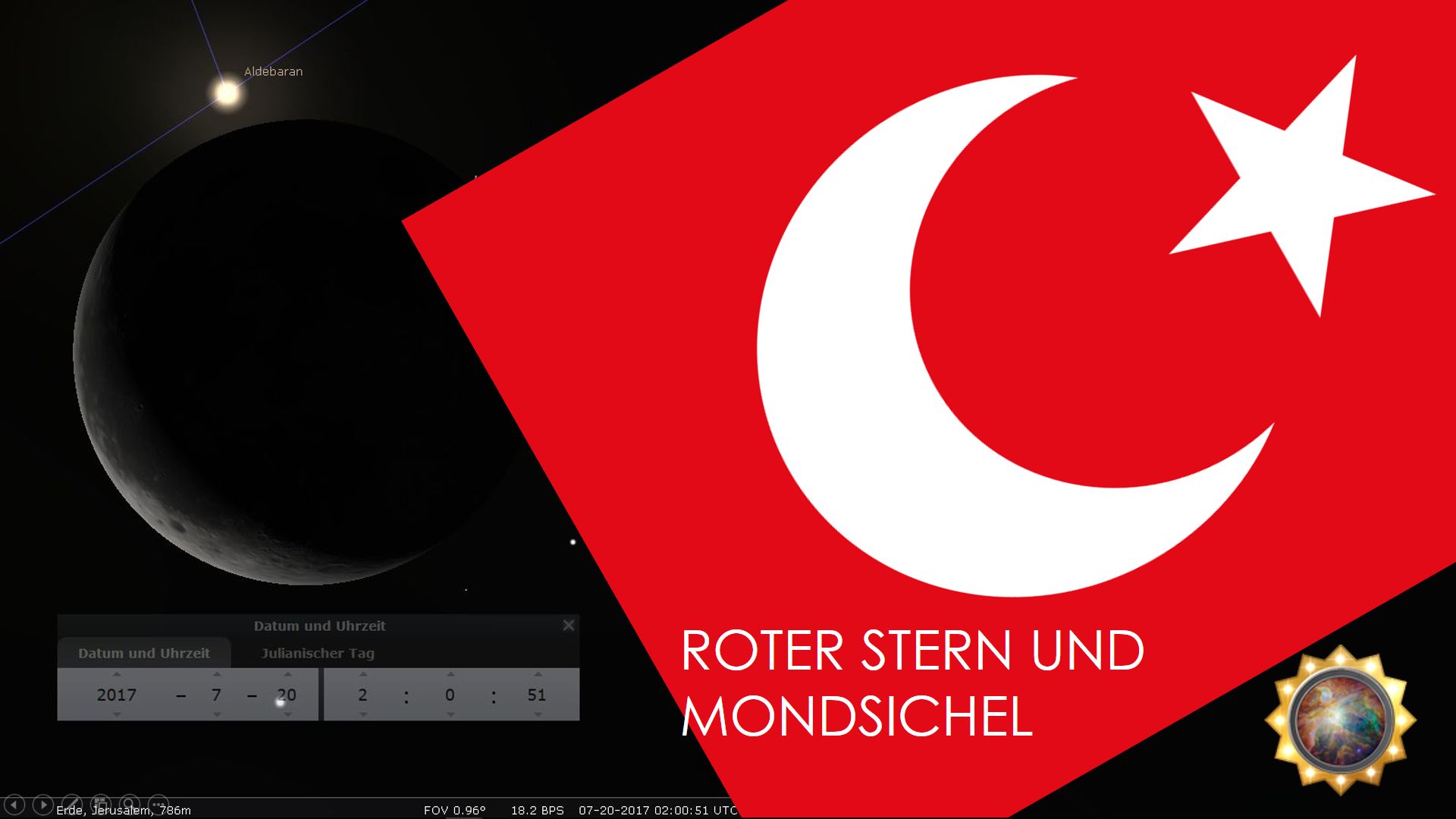Eine Grafik zeigt den Mond in abnehmender Phase neben dem Stern Aldebaran und Teil einer astronomischen Software-Oberfläche. Der rechte Bereich des Bildes zeigt ein großes rotes Feld mit einem weißen Stern und einem Mondsichel-Symbol darauf, darunter stehen die Worte "ROTER STERN UND MONDSICHEL".