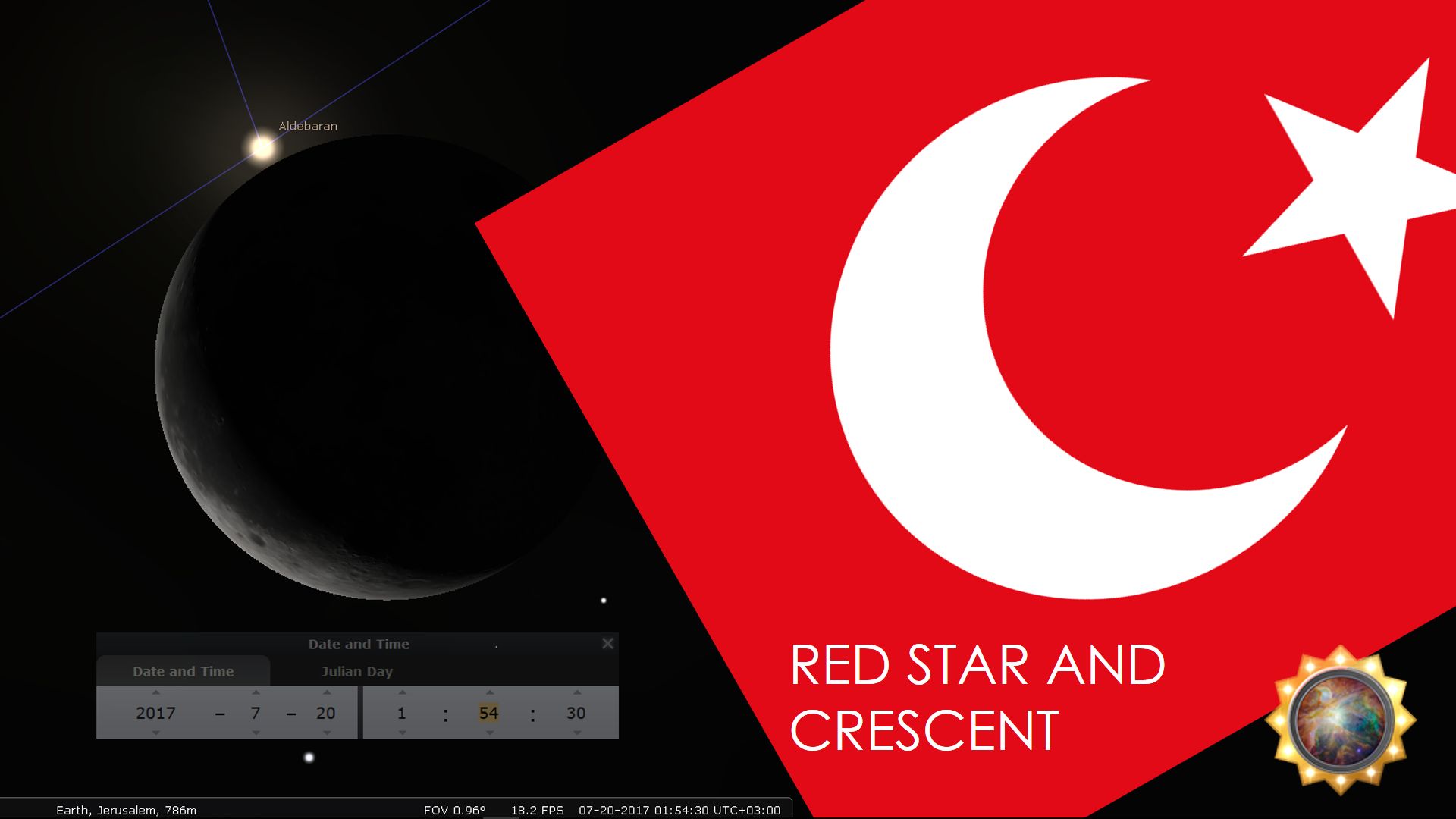 Digital depiction of a celestial alignment with the moon in the foreground partially illuminated at the crescent phase, and the star Aldebaran visible in the dark expanse of space. In the foreground, a graphic interface displays the date and time. The right half of the image displays a stylized red flag adorned with a white crescent moon and a white five-pointed star. A colorful graphical icon suggesting a celestial theme appears in the bottom right.