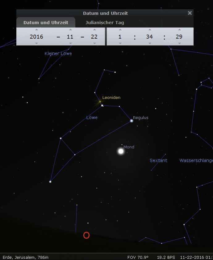 Bildschirmansicht eines astronomischen Softwareprogramms, das den Nachthimmel über Jerusalem darstellt, mit hervorgehobenen Sternbildern wie dem Löwen und kleinen Löwen. Ein leuchtender Körper, der Mond, ist sichtbar neben dem Stern Regulus. Ein weiteres Objekt, die Leoniden, ist markiert. Ein Dialogfenster zeigt das Datum und die exakte Zeit: 22. November 2016, 1 Uhr 34.