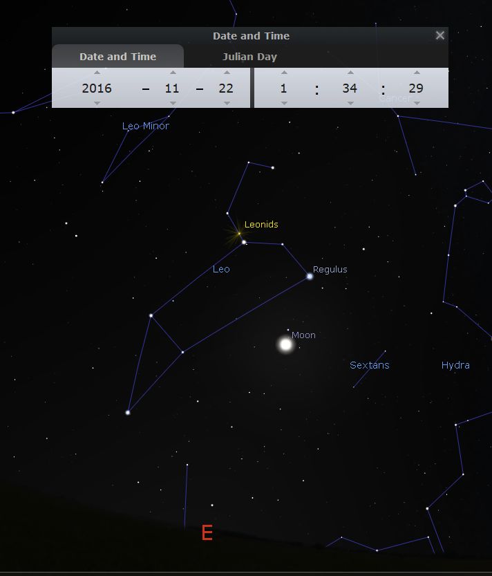 Digital depiction of a night sky showing various celestial constellations and the Moon as observed on November 22, 2016. Highlighted are the constellations Leo, Leo Minor, Sextans, and Hydra. A bright point marked "Leonids" indicates a meteor shower. Tools for adjusting the date and Julian Day are visible at the top.