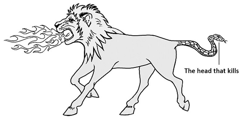 A black and white illustration depicting a lion with fiery breath emanating from its mouth and a serpent for a tail. Near the tail is a caption that reads, "The head that kills."
