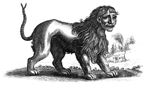 A detailed black and white engraving of a mythological creature with the body of a lion and the face of a human. In the background, smaller figures appear in a desert-like landscape.