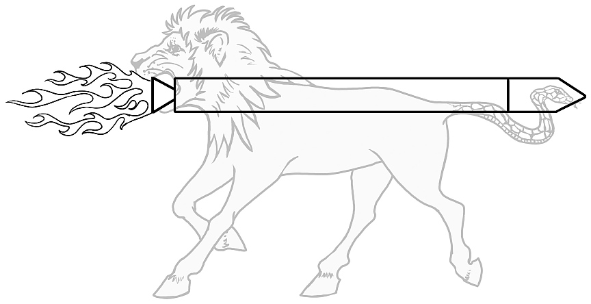 Illustration of a lion depicted with flames emitting from its mouth, extending into an arrow shape along its torso, ending with a rattlesnake's tail.