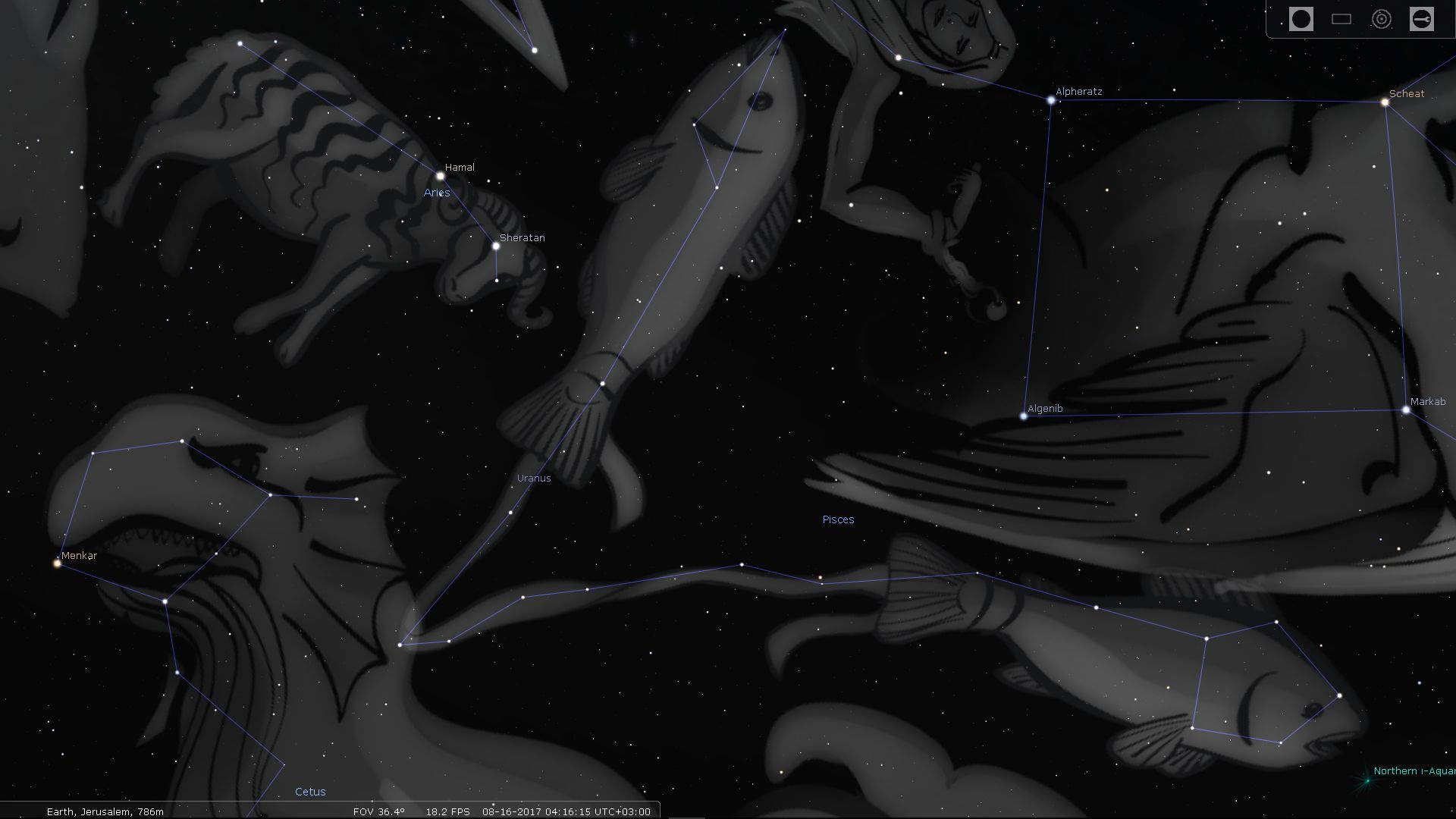 A computer-generated depiction of the night sky featuring various constellations traditionally recognized in the Mazzaroth. The image shows an artistic rendition of these constellations, including a ram and two fish connected by a line, set against a backdrop filled with stars. Highlighted stars and patterns are labeled with their designated names from scientific astronomy.