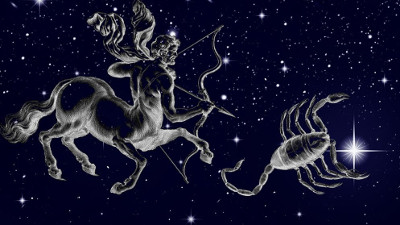 An illustration depicting a mythical centaur with a bow and arrow, alongside a celestial scorpion, set against a starry night sky.