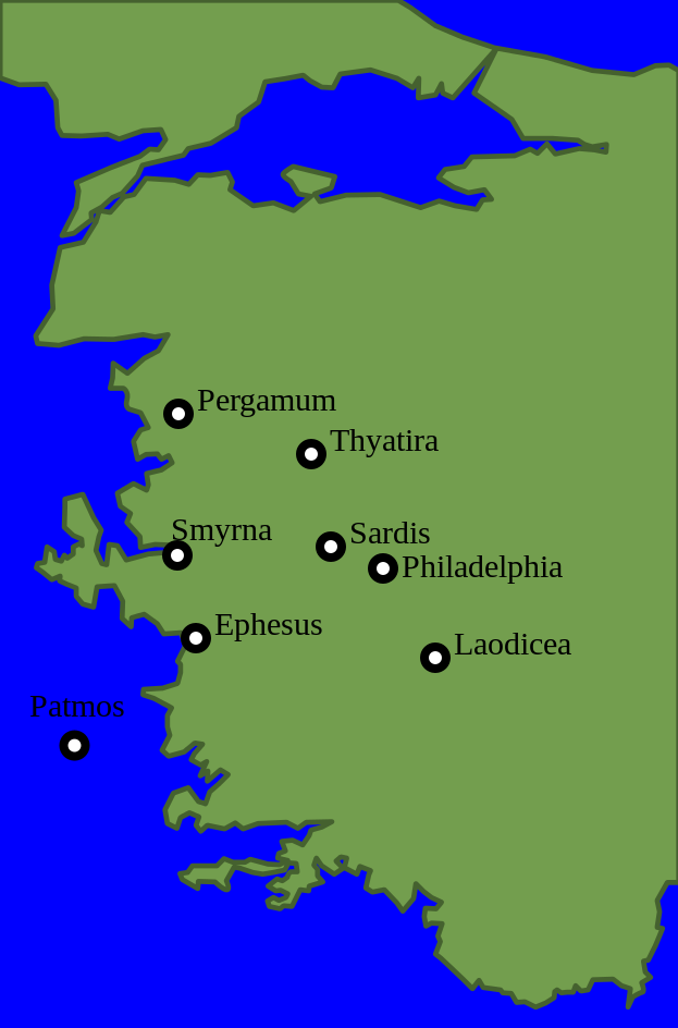A stylized map depicting a coastal region with seven labeled locations: Ephesus, Smyrna, Pergamum, Thyatira, Sardis, Philadelphia, and Laodicea, along with the island of Patmos. The background features distinct shades of green for the land and blue for the water bodies.