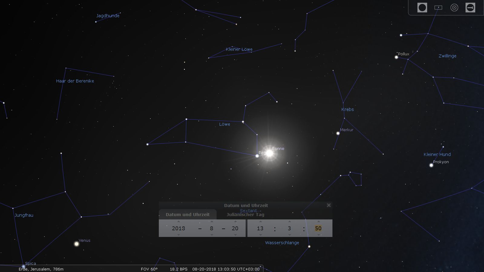 Sternkarte, die verschiedene Konstellationen und Himmelskörper zeigt, darunter die helle Strahlung der Sonne im Zentrum, umgeben von Sternenbildern wie Löwe, Krebs und Mazzaroth. Die Ansicht verwendet astronomische Marker und Label zur Angabe von Positionen und Namen der dargestellten Objekte.