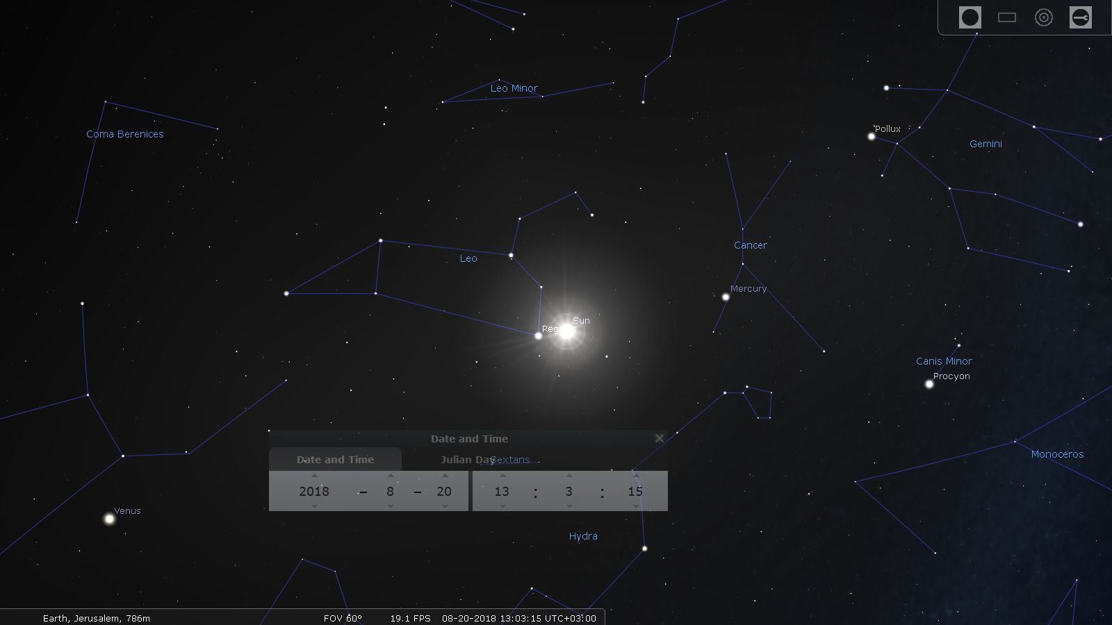 A digital star map depicting the celestial coordinates and names of various constellations and stars. The Sun, labeled "Regulus Sun," brightly illuminates the center, surrounded by identifiable clusters such as Leo, Gemini, and others. A date and time interface is visible in the foreground indicating the observation's specifics.