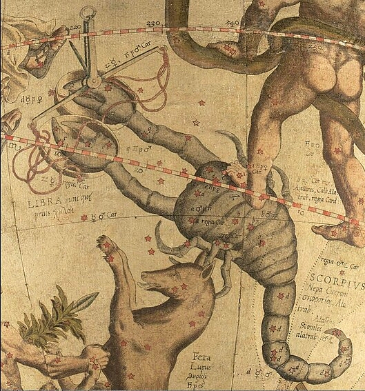 Antique illustration depicting various constellations from the Mazzaroth. A muscular figure wielding a balance scale stands prominently on the right. Adjacent is a scorpion-like constellation with stars defining its form. Red lines and celestial coordinates link the stars, depicting traditional constellations including Libra and Scorpius. Text annotations in an old script label important celestial markers and names.