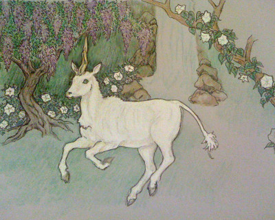 Illustration of a white goat in a peaceful garden setting, gracefully leaping beneath hanging wisteria and flowering vines.