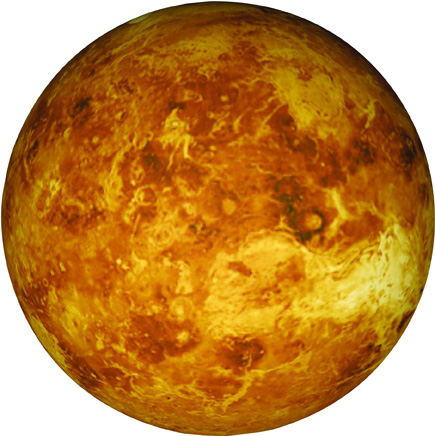 Detailed image of Venus showcasing its cloud-covered, volcanic surface with varying tones of orange and yellow.