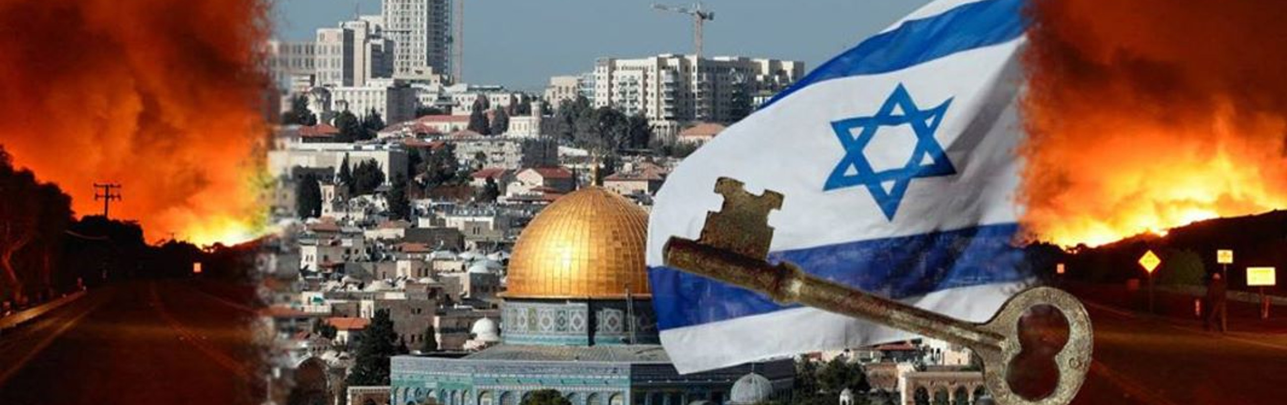 A composite image featuring a large wildfire along a highway at both ends, a cityscape with modern buildings and the golden-domed structure in the center, and a translucent flag of Israel overlaid across the middle with an old rusty key overlaying the flag.