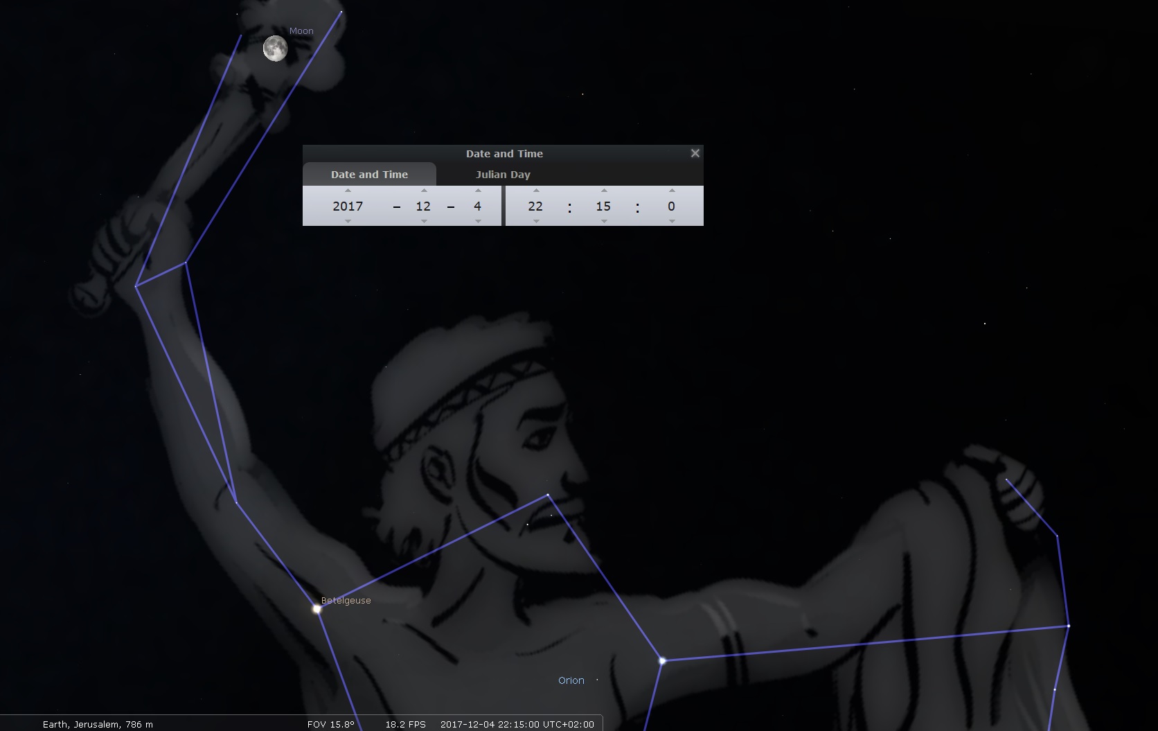 A digital rendering of a constellation resembling a mythological hunter, superimposed on a starry night sky. The image shows a user interface with date and time settings highlighting the moon and prominent stars, viewed from Jerusalem.