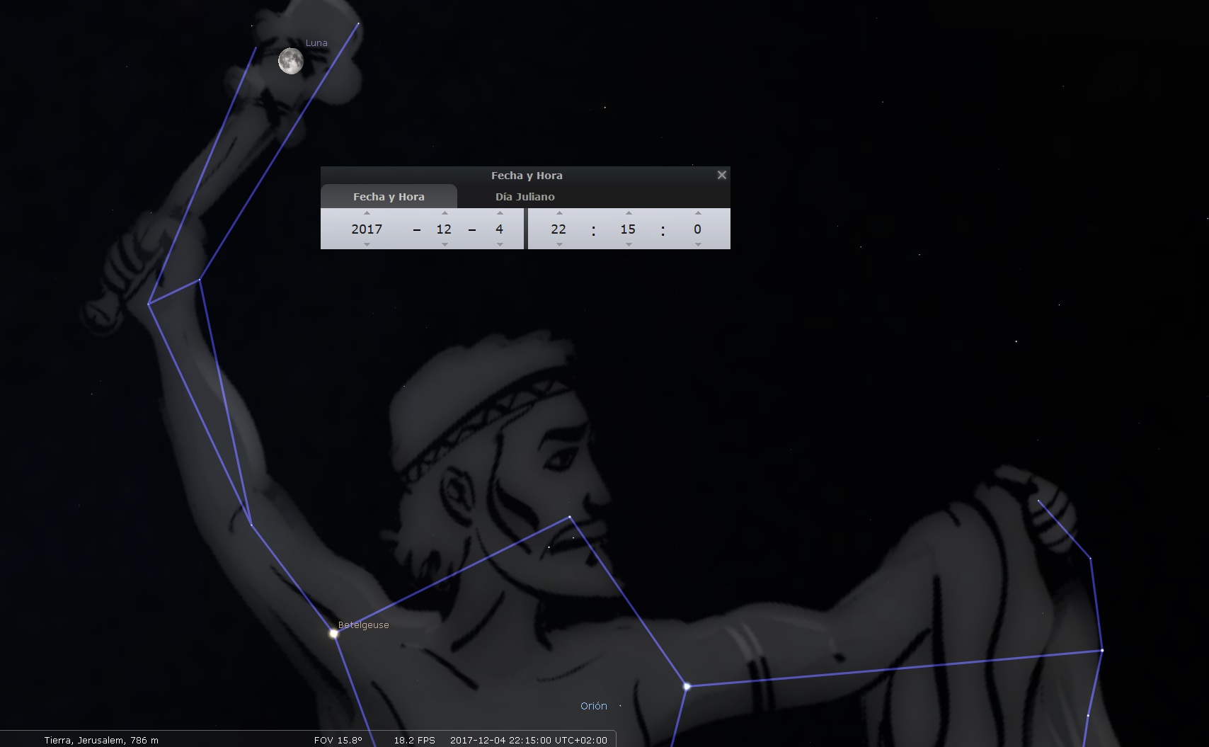 Imagen nocturna que muestra una representación gráfica de constelaciones celestes y una representación del Mazzaroth en forma de un arquero. En la pantalla se observan indicadores como "Luna", "Betelgeuse" y "Orión", con una ventana emergente que muestra "Fecha y Hora" para el 4 de diciembre de 2017 a las 22:15 UTC+02:00 en Jerusalén a 786 metros de altitud.
