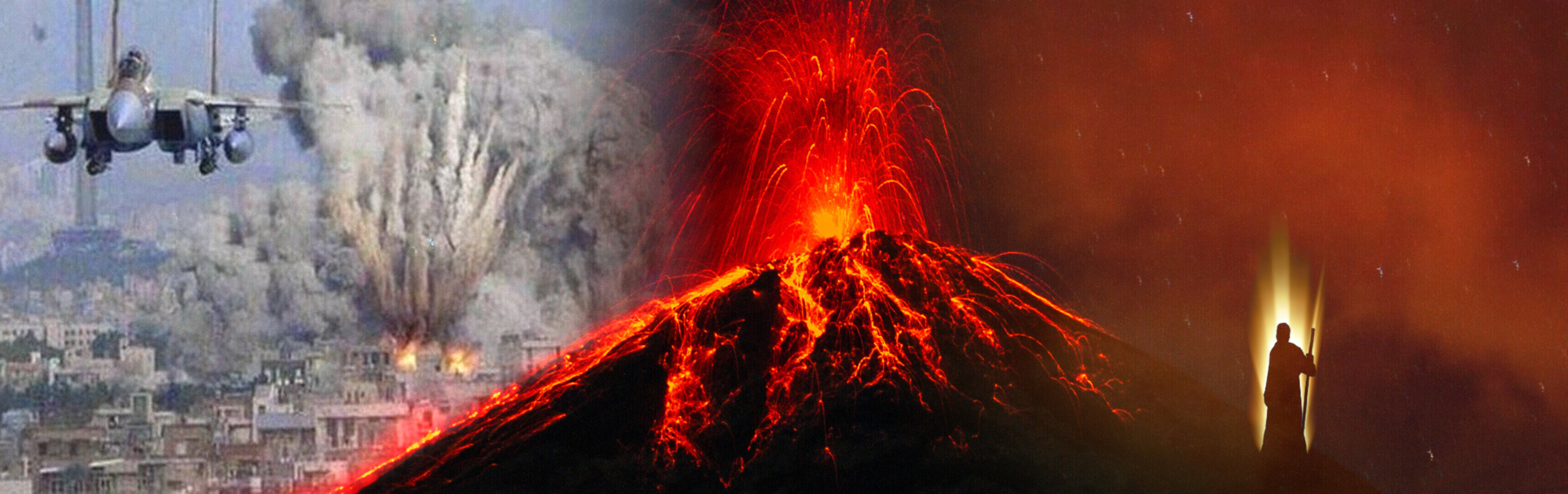 A panoramic collage depicting three distinct scenes: a military aircraft flying low over a smoke-filled urban landscape, a vigorous volcanic eruption with molten lava spewing into the air, and a solitary figure holding a staff, silhouetted against a starkly luminous background with a celestial ambiance.