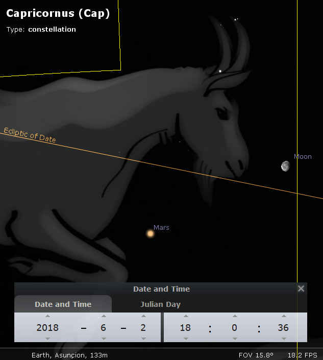Digital illustration showing the constellation commonly known as Capricornus in the night sky, depicted as a mythical sea goat. The image includes the positions of celestial bodies, Mars, the Moon, and the line of the ecliptic. The settings show a specific date and time along with the location and field of view indicators.