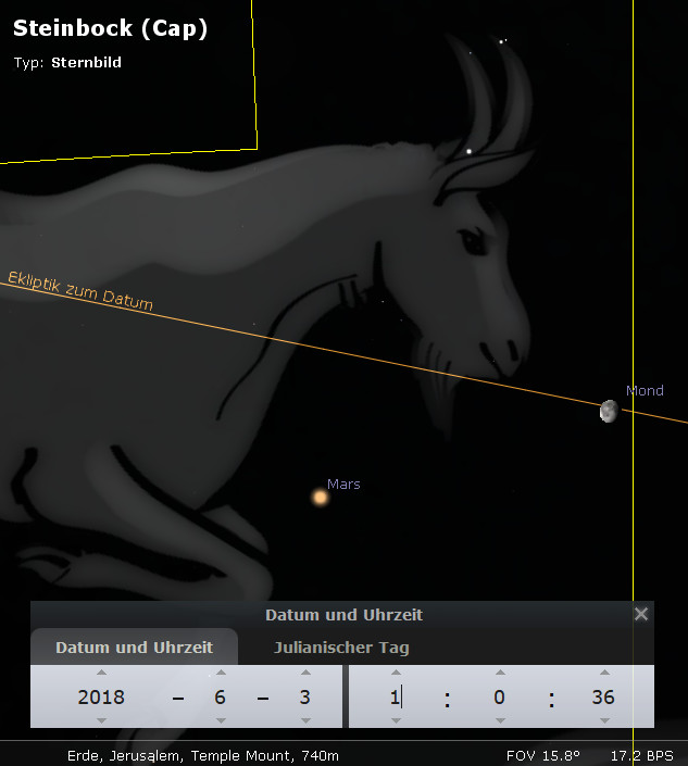 Grafische Darstellung eines Sternbilds des Mazzaroth, das einem Steinbock ähnelt, vor einem dunklen Hintergrund, mit sichtbaren Planeten Mars und Mond in der Nähe. Eine Linie stellt die Ekliptik zum aktuellen Datum dar.