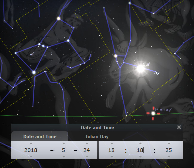 An astronomical software display showing a dark sky filled with constellations outlined in yellow and traced with blue stars, focusing on one bright star labeled as the Sun and a smaller notation for Mercury. Below, an interface element displays date and time settings indicating May 24, 2018, displayed in a Julian Day calendar format.