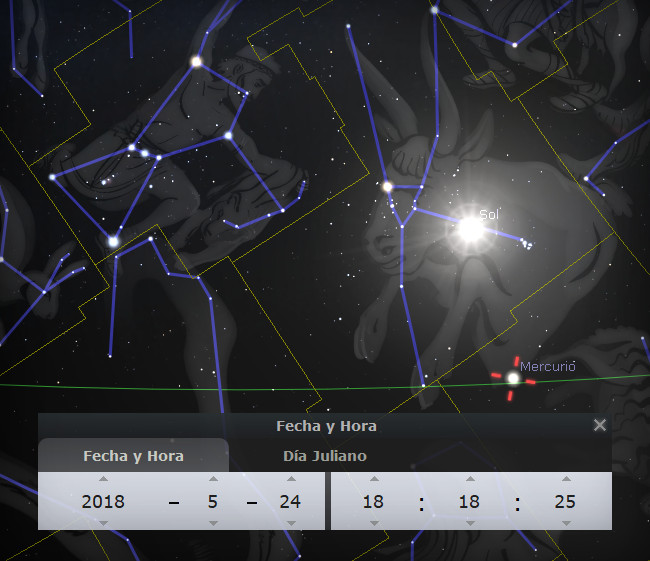 Una ilustración digital del cielo nocturno mostrando varias figuras conectadas por líneas amarillas, representando las configuraciones estelares del Mazzaroth. Se destacan los astros brillantes como el Sol y Mercurio. En la parte inferior, una ventana muestra la fecha '2018-5-24' y hora '18:18:25' en formato digital.
