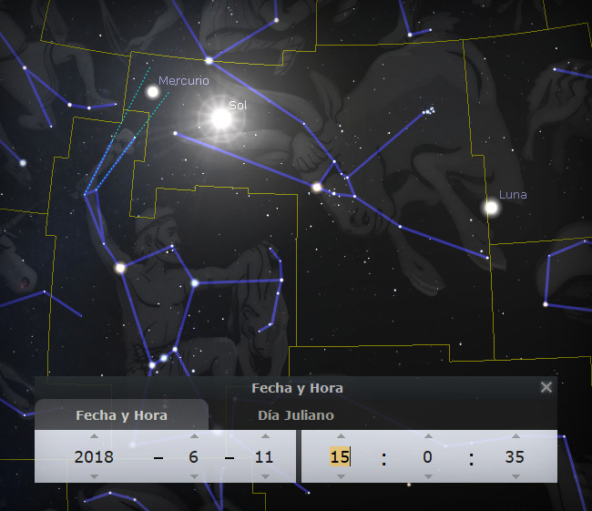 Ilustración digital de un sector del cielo nocturno que muestra la posición de cuerpos celestes como Mercurio, el Sol y la Luna conectados por líneas azules que forman figuras de Mazzaroth. Incluye anotaciones y una interfaz de usuario con fechas y hora precisas.