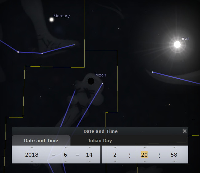 A digital simulation displays celestial bodies including the Sun, Moon, and Mercury against a dark sky, marked out with blue lines outlining constellations. A control panel showing the date and time, indicating June 14, 2018, at 2:20:58 on the Julian calendar, is visible at the bottom of the image.
