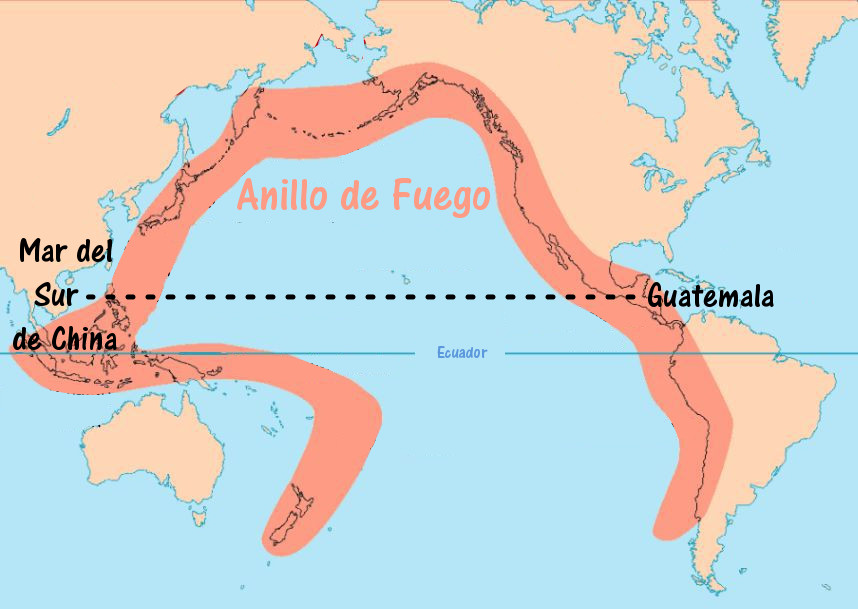Mapa mostrando el "Anillo de Fuego" en tonos rojos sobre un fondo azul claro, destacando las áreas de mayor actividad sísmica y volcánica que rodean el Océano Pacífico.
