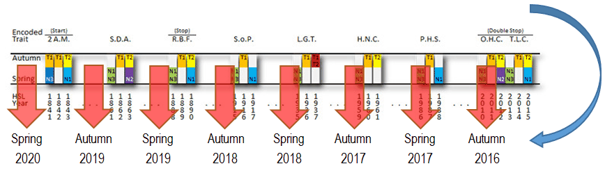 A detailed timeline graphic showing sequences of events or processes from spring 2016 to spring 2020. Each year is divided into autumn and spring segments with various numerical and color-coded data points. An arrow on the right indicates a continuing sequence beyond 2020.