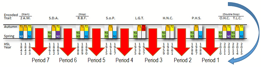 A detailed graphical representation showing a timeline divided into seven periods, marked as Period 1 through Period 7. Each period contains a color-coded column with labeled boxes indicating different coded traits and their values. The columns are connected by large red arrows pointing from right to left, and a blue double-stop symbol is at the right end. Below the graphic, seasons, and a numerical depiction of a cycle labeled as HSL Year are shown, transitioning through different numbers and symbols.