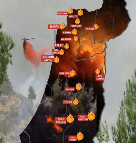 A map overlaid with images of fire and smoke, depicting a region with multiple towns marked such as Haifa, Atlit, and Neve Shalom. A helicopter is shown dropping water over one of the fires. Symbols of flames are positioned at various locations on the map.